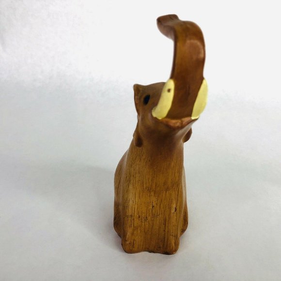 2 Elephant Figurines Wood Look Made Hong Kong Jewel Eyes Trunks Up Kitsch Decor - Picture 2 of 12